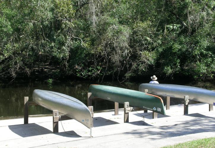 Canoes lined up along the boat launch.