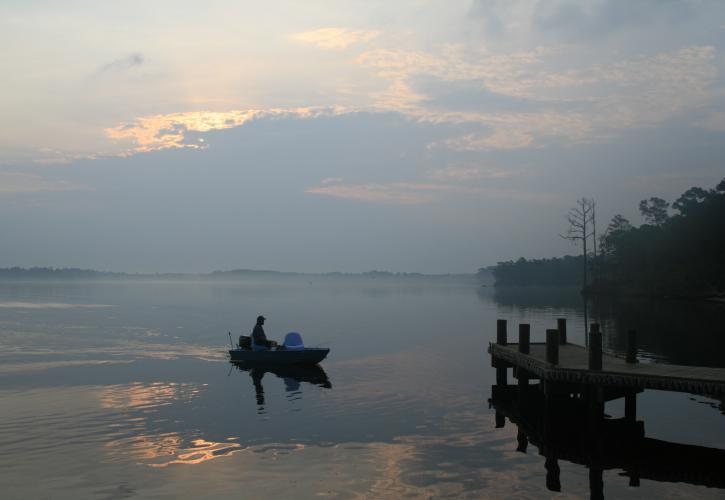 Small boat approaches dock on a foggy morning. 