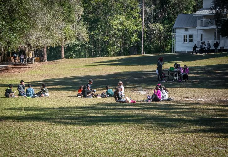 Children having a picnic looking at the historic Thursby House