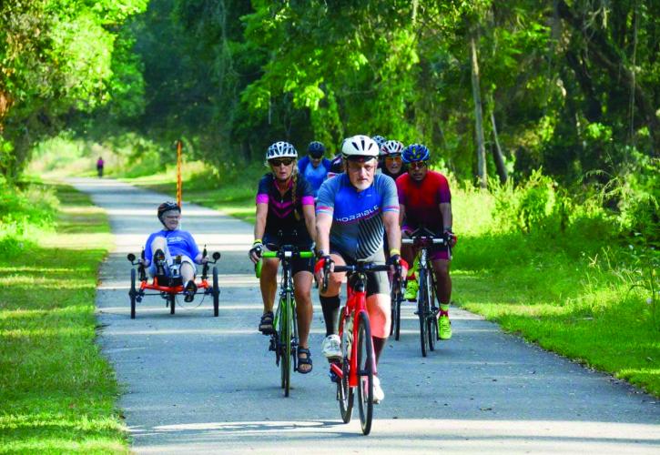 Several bicyclists ride towards the camera on a long, straight paved trail.