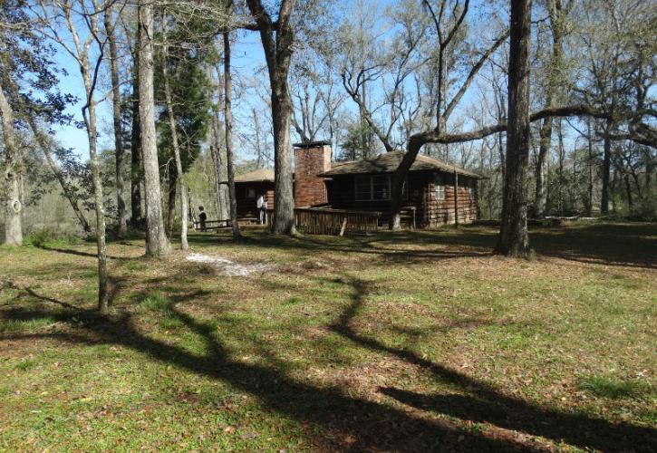 A wooden cabin stands on the banks of a river in the woods.