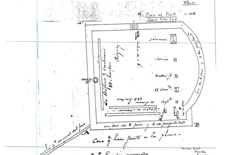 Drawing of a map titled "Plans of Fort San Carlos"
