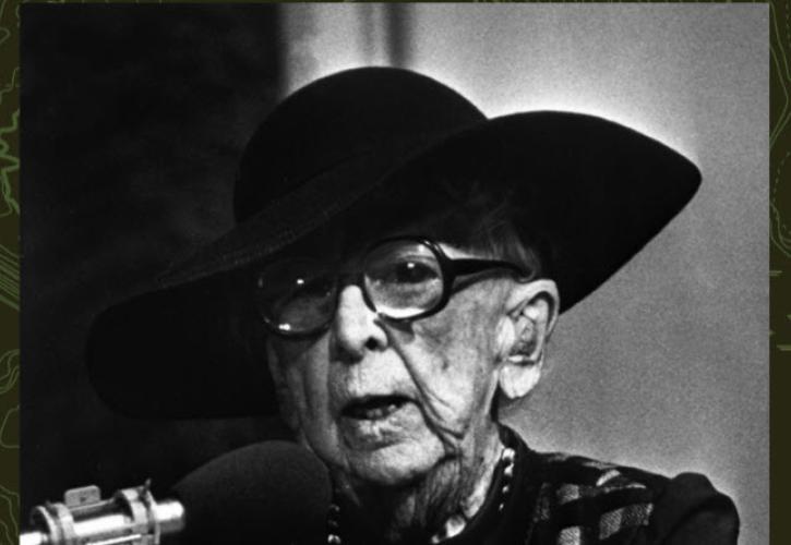 Marjorie Stoneman Douglas stands at a podium at the Everglades dedication ceremony, 1982. Courtesy of the State Archives of Florida.