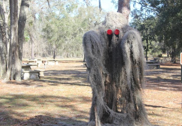 a figure made out of spanish moss extends it's arms, with red eyes