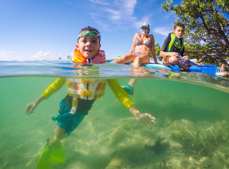 A family swimming in the water.