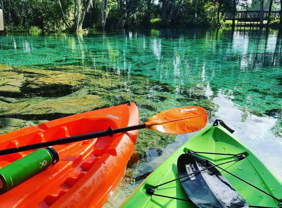 Colorful kayaks line the shore at Crystal River Preserve State Park.