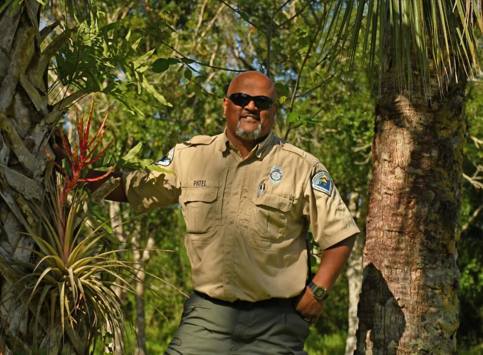 Man in park uniform wearing sunglasses standing between palms with native plants attached
