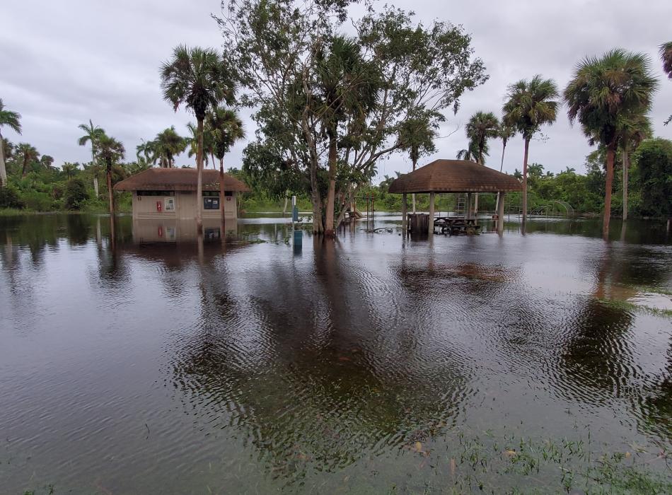 Hurricane flood water at the picnic area and playground