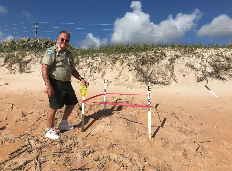 Park Ranger Tom Redsecker posing next to a sea turtle nest and smiling for the camera