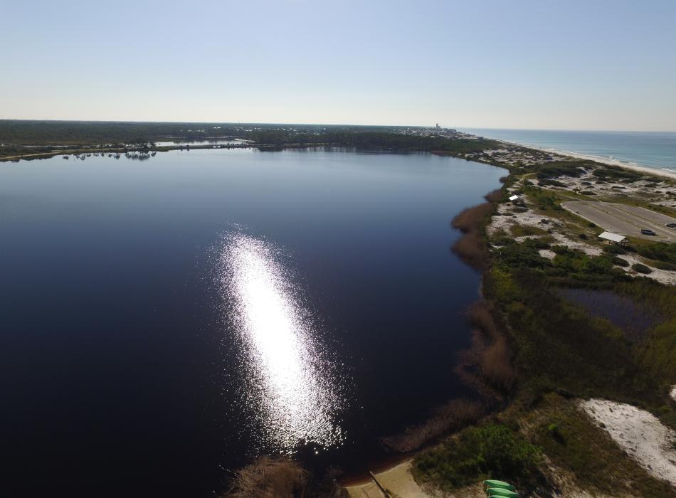 Aerial view of Western Lake, a coastal dune lake. 