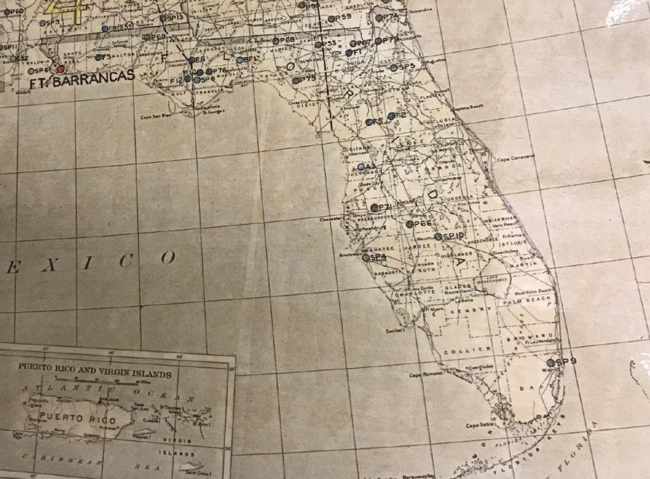 Dots on this Florida map indicate locations of Civilian Conservation camps in 1937.