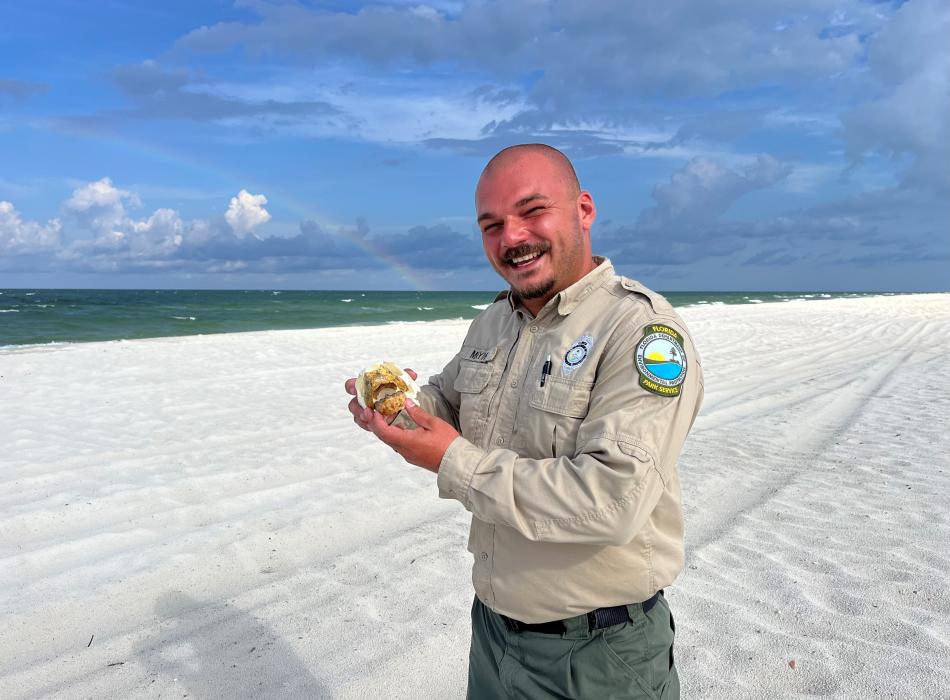 Park ranger on the beach holding a replica sea turtle skull.