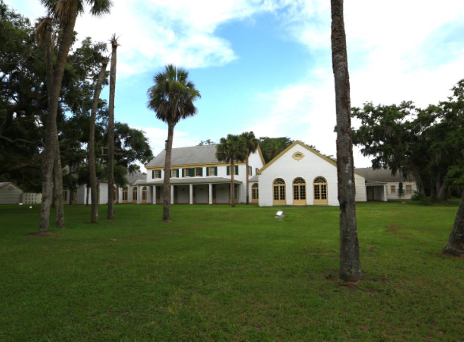 a green yellow and white house in between palm trees